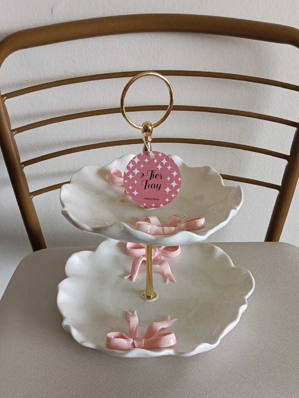 Tier Tray Two-Tier Ceramic Serving Stand with Pink Ribbon Accents